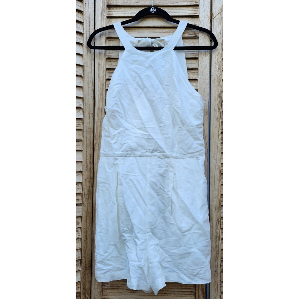 NWT Parker Sz 10 Ivory Linen Blend Halter Neck Tie Back Romper NEW Pockets